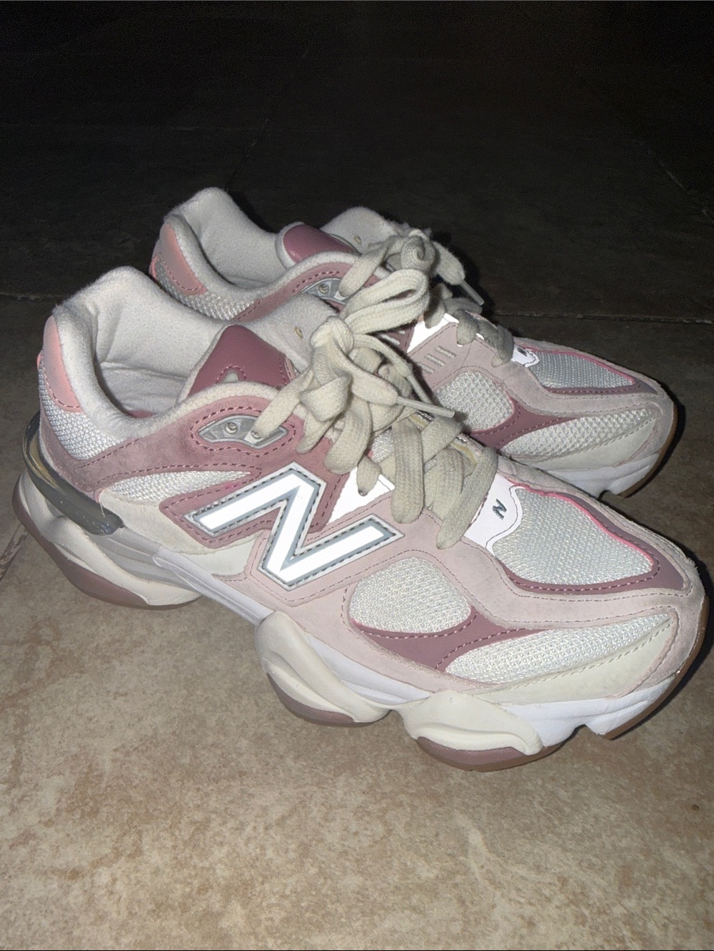 New Balance 9060 Pink and Cream Mesh Suede Sneakers